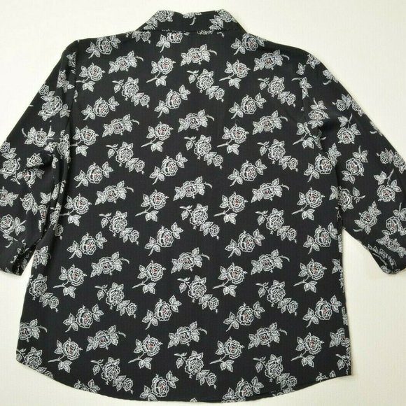 VTG Modern Essentials Sz L Womens BLACK White FLORAL 3/4 Sleeve Button Up BLOUSE - Picture 3 of 9